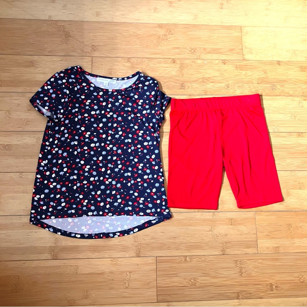 NEW Girls Size 10 Patriotic Outfit - Flower Tee Top & Red Bike Shorts